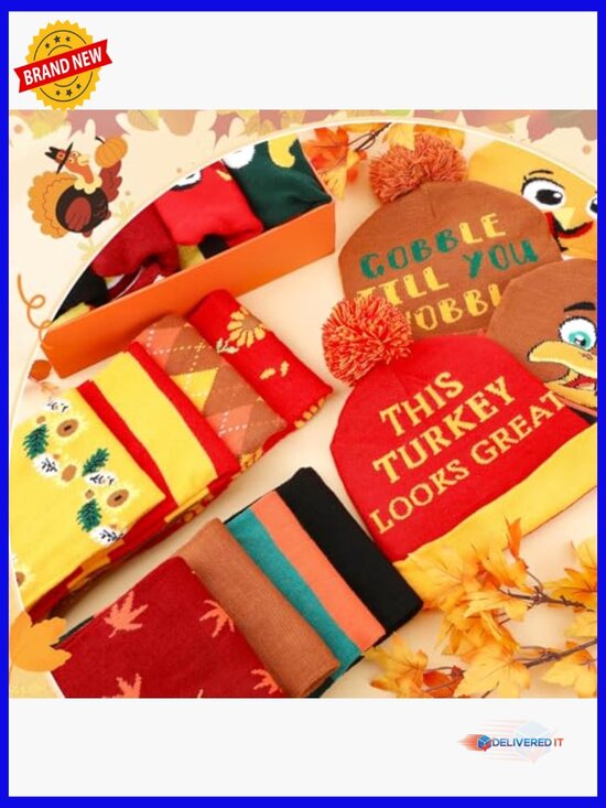 8 Piece Fall Beanie and Scarf Set Knit Acrylic Hat Scarf Combo Turkey Hat main image 5